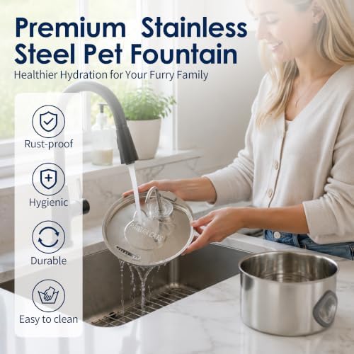 Pawira Cat Water Fountain, 304 Stainless Steel Pet Water Dispenser, 108oz Large Capacity with Water Level Window, Ultra Quiet Automatic Drinking Fountain with 10 Filters & 6 Pump Cotton