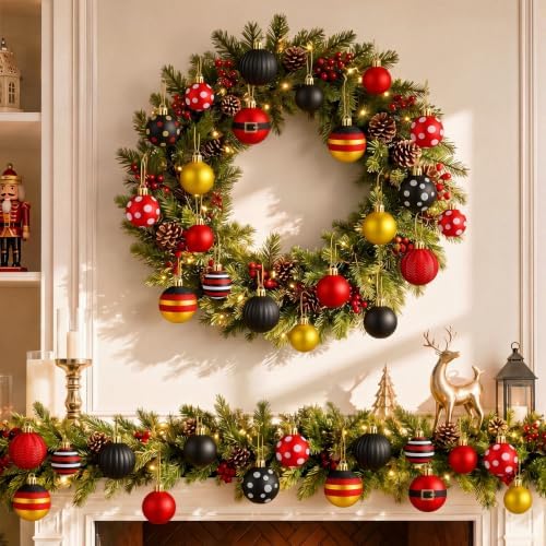 Lunmon 64 Pcs Mouse Christmas Ball Ornaments Red Black Yellow Xmas Baubles