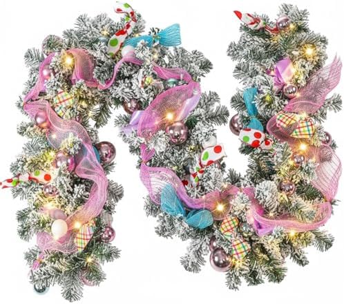 Riceshoot 6 ft Candy Pastel Christmas Artificial Garland with LED Lights