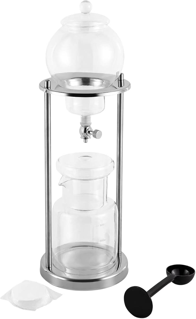 Cold Brew Coffee Maker, 600ml/20.3Oz Iced Coffee Maker Machine Slow Drip Tower, Stainless Steel Ice Dripper Coffee Maker Machine with Measuring Spoon, 6-8 Cups, for Home, Office, Cafes (Silver)
