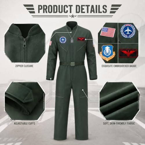 Men Fighter Pilot Costume Halloween Adult Flight Suit Jumpsuit 6PCS