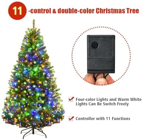 HAPPYGRILL 5FT Pre-lit Artificial Christmas Tree with 600 PVC Branch Tips, Foldable Base, Premium Hinged Spruce Xmas Tree with 11 Color Modes Lights for Holiday Decoration