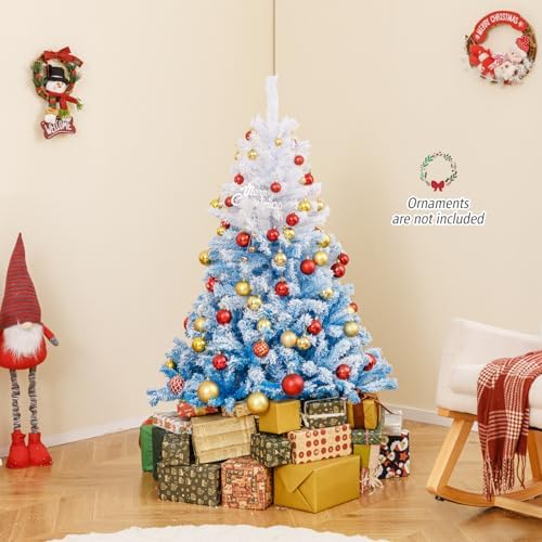HAPPYGRILL 5 FT Flocked Christmas Tree Blue Hinged Xmas Tree with 456 Branch Tips & Folding Metal Stand, Artificial Christmas Tree for Home Office Carnival