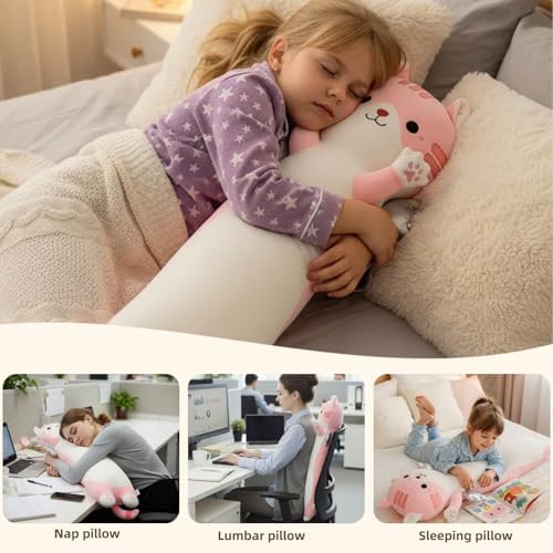 Somao 43.3" Long Cat Plush Pillow with Wings - Super Soft Stuffed Animal for Kids & Adults, Cute Body Pillow for Sleeping, Squishy Cat Plushies Gifts for Girls (Pink)