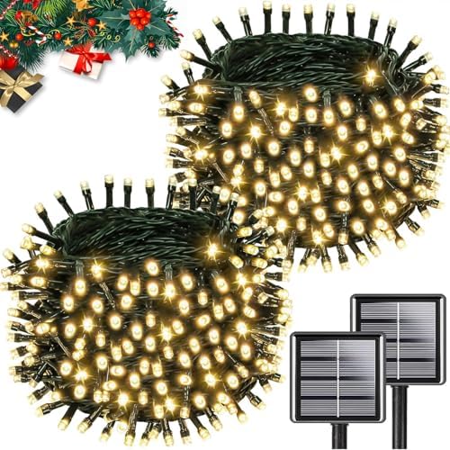 Solar String Lights Outdoor 2Pack 200LED 66FT Christmas Lights Warm White