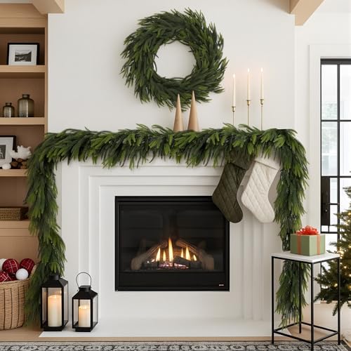 N&T NIETING 12FT Christmas Norfolk Pine Garland Real Touch Pine Artificial Garlands Faux Greenery Garland Winter Christmas Garland for Table Mantle Fireplace Indoor Outdoor Xmas Decorations (1 Pcs)