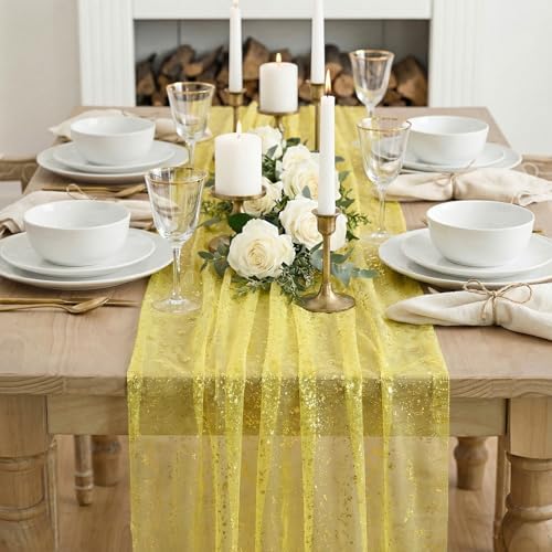 Artoid Mode Light Yellow Gold Gauze Table Runner 59x120 Inch 10FT, Glitter Metallic Foil Sheer Dining Wedding Anniversary Holiday Birthday Table Decor for Home Party