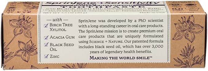 SprinJene Natural Sensitivity Relief Toothpaste – Fluoride Toothpaste for Sensitive Teeth & Cavity Protection – SLS Free with Patented Black Seed Oil & Zinc – Made in the USA (4 Pack)