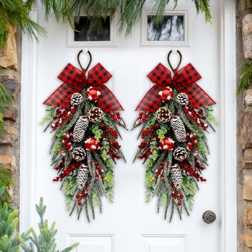 nuvagiki Christmas Teardrop Swag Decorations, Christmas Teardrop Wreath Artificial Bells Pinecones Berries Hanging Decor, Red Checked Bow Swag Decorations for Front Door Mantle Wall Indoor Home Decor