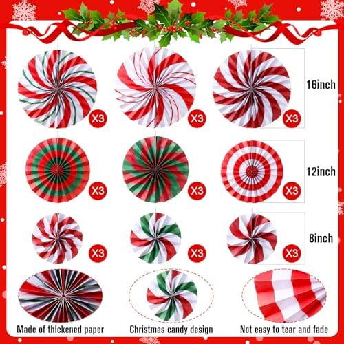 Outus 18 Pcs Christmas Hanging Decorations Candy Paper Fans Classic