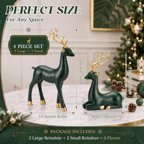 Thyle 4 Pcs Christmas Reindeer Decor Indoor Dark Green Resin Deer Figurine