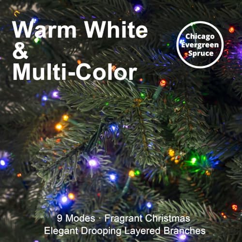 Glitzhome Prelit Christmas Tree, 7.5ft Pencil Artificial Christmas Tree with 350 Warm White & Multi-Color LED Lights, Chicago Evergreen Spruce with 1,498 PE/PVC Tips for Home Holiday Décor