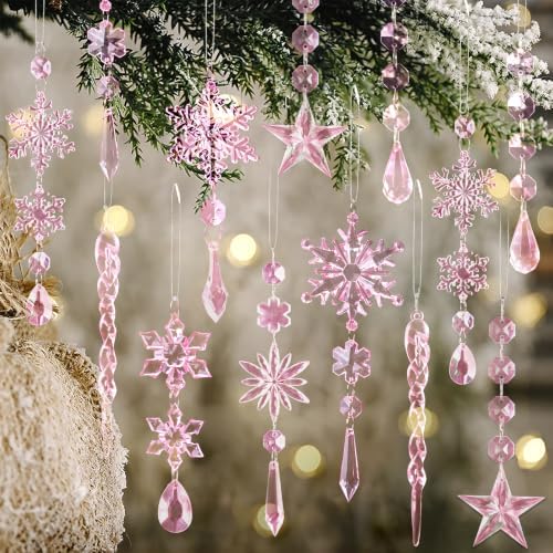 20pcs Crystal Christmas Ornaments for Christmas Tree Decorations-Light Pink Hanging Acrylic Snowflake and Icicle Ornaments with Drop Pendants for New Year Party Decorations Supplies