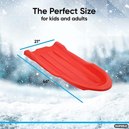 Superio Toboggan Snow Sled for Kids and Adults, 46" Heavy Duty Plastic Open Back Slider with Handles and Hole for Pull Ropes- (Ropes Excluded) Kid and Adult Winter Fun