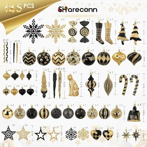 SHareconn 145pcs Christmas Balls Ornaments Set, Shatterproof Plastic Baubles Snowflakes, Xmas Tree Holiday Wedding Party Decorations with Hanging Strings, Gold and Black