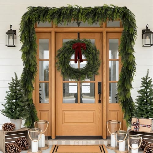 N&T NIETING 9FT Christmas Norfolk Pine Garland Real Touch Pine Artificial Garlands Faux Greenery Garland Winter Christmas Garland for Table Mantle Fireplace Indoor Outdoor Xmas Decorations (6 Pcs)