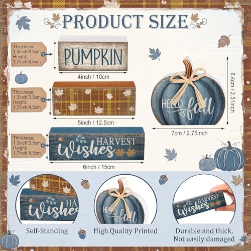 Lineshading 4 Pcs Blue Pumpkin Wooden Block Signs Fall Farmhouse Decor