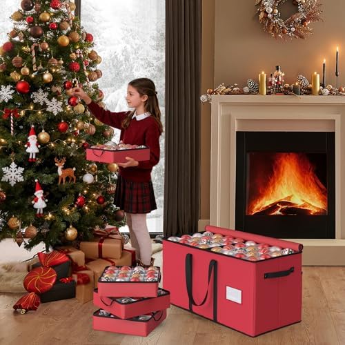Winpull Christmas Ornament Storage Box with 8 Trays, Christmas Storage Container for 128-3'' Holiday Ornament Decorations, Large Xmas Organizer with Adjustable Dividers, Dual Zipper and Pocket - Red