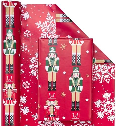WRAPAHOLIC Reversible Nutcracker Christmas Wrapping Paper - Mini Roll - 17 Inch x 33 Feet - Red Nutcracker and Snowflake Wrapping Paper for Christmas, Holiday, Party
