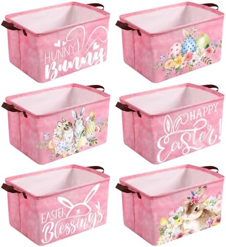 CHENGU 6 Pack Easter Storage Bin Collapsible Cute Easter Basket for Gift Large Pink Bunny Eggs Holiday Decor Rabbit Hunny Bunny Basket Foldable Farmhouse Flower Box with Handle for Bedroom Office Home