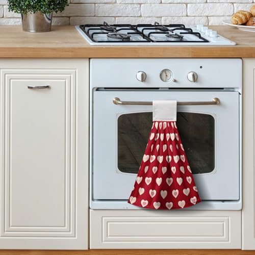 Valentines Heart Kitchen Hanging Towels Valentines Day Red Love Hearts Hand Towels with Hanging Loops Set of 2 Oven Stove Dish Hang Towel Soft Absorbent Tea Bar Bath Tie Towel