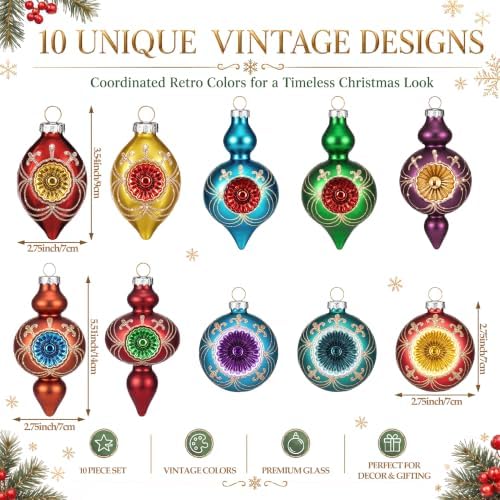 Soulchen 10 Pcs Vintage Glass Christmas Ornaments, Glitter, Retro