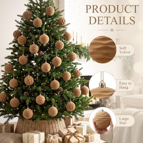 Liliful 4 Inch 12 Pcs Velvet Christmas Ornaments Balls, Light Brown