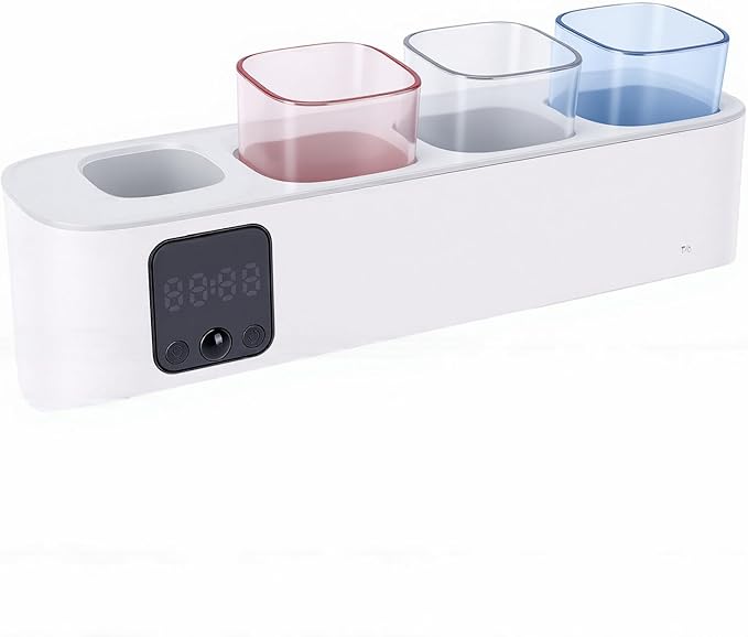 Pomya Toothbrush Sanitizer Holder Wall Mounted, Rechargeable Electric Toothbrush Holder with LED Display, UVC Cleaner and Dryer, 5 Slot Organizer with Cups for