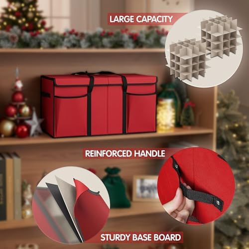Christmas Ornament Storage Box with Dividers & Pockets - Holiday Ornament Organizer Bag - Holds 128 Balls - Durable Red Fabric Container with Handles - Foldable Xmas Decorations Storage - by Mobi Lock