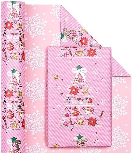 WRAPAHOLIC Reversible Pink Christmas Wrapping Paper - Mini Roll - 17 Inch x 33 Feet - Pink Christmas Tree Wrapping Paper and Snowflake Design for Holiday, Party Celebration