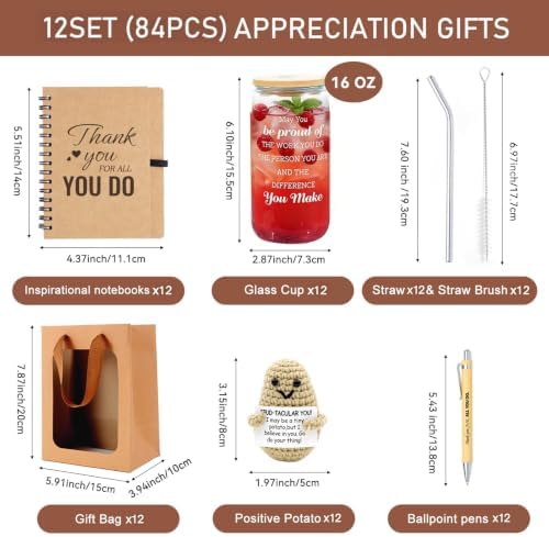 84 Pcs/12 Sets Employee Appreciation Gifts Bulk - Includes 16oz Glass Cups with Bamboo Lid, Positive Crochet, Inspirational Notebooks with Pens, Kraft Paper Gift Bags & Straw - Thank You Gifts for Coworkers, Teachers, Staff & Team