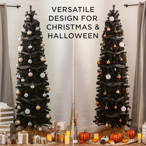 Best Choice Products 12ft Black Artificial Holiday Christmas Pencil Tree for Home, Office, Party Decoration w/ 1,800 Tips, Metal Hinges & Base