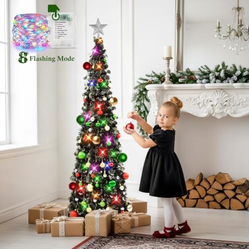 N&T NIETING Pop Up Black Tinsel Christmas Tree, 5Ft Collapsible with Lights & 30 Balls, Skinny Christmas Tree Decor for Holiday Xmas Home Office