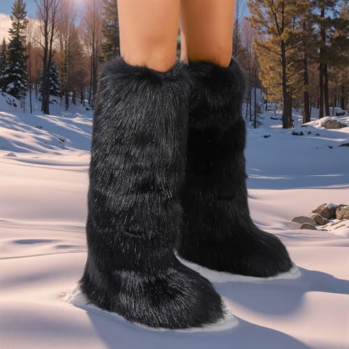 CELNEPHO Faux Fur Boots Knee High Furry Boots Fuzzy Winter Snow Shoes Flats