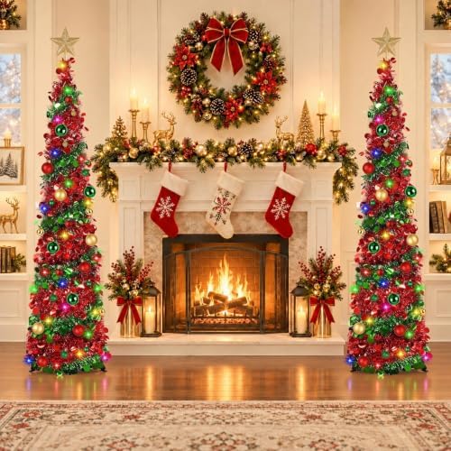 N&T NIETING Pop Up Christmas Tree with Lights & 30 Balls, 5Ft Collapsible Tinsel Tree Decorations for Holiday Home Office Decor, Red & Green