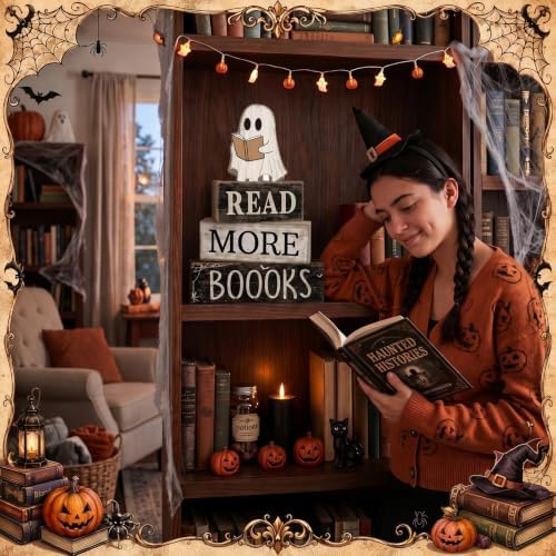 Moucuny 4 Pcs Halloween Table Decoration Wooden Ghost Reading Stacked Block