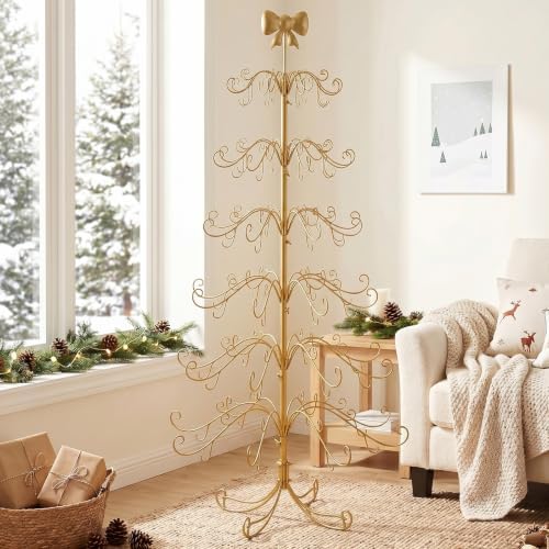 6ft Wrought Iron Christmas Tree, Bow Topper, for Hanging Ornaments, Gold