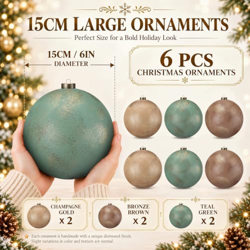 6 Pcs 6 Inch Large Christmas Ornaments Champagne Bronze Green