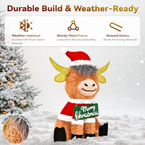 3D Lighted Highland Cow Outdoor Christmas Decor with Timer&Remote Control