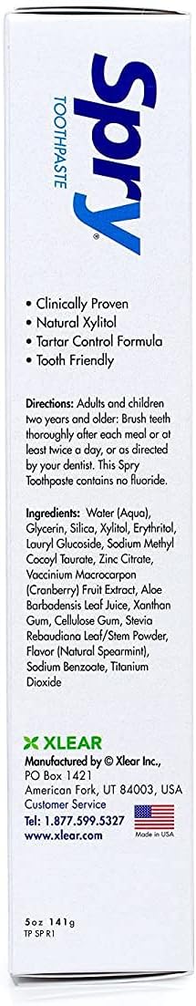 Spry Natural Fluoride Free Xylitol Toothpaste, 5oz Spearmint (Pack of 2) | Gentle for Sensitive Teeth Whitening and Remineralizing, Bad Breath Freshening, Dry Mouth Moisturizing, for Adults and Kids
