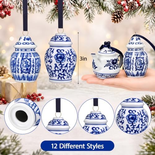 Peryiter 12 Pieces White Blue Christmas Ornaments Chinoiserie Porcelain Christmas Ornaments Mini Ginger Jar for Xmas Tree Decoration(Vivid)
