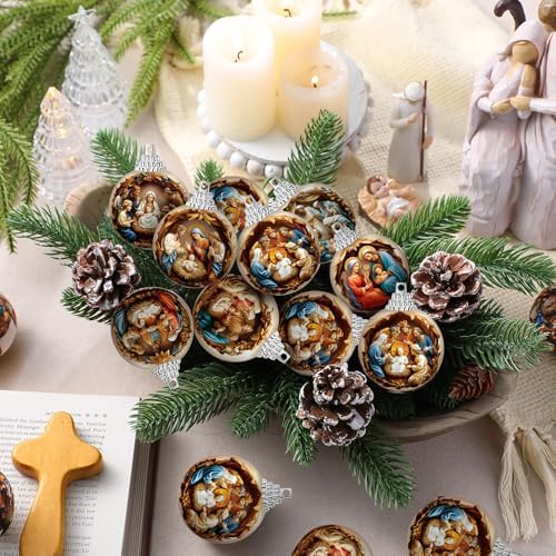 Outus 16 Pcs Christmas Nativity Scene Ornaments Ball for Tree Religious Christmas Tree Nativity Scene Hanging Ornaments The Birth of Jesus Decor Christian Religious Gifts for Christian Family