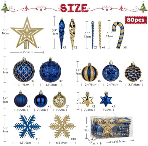 Briful 80ct Blue & Gold Christmas Balls Ornament Set, Plastic Shatterproof Christmas Ornament Balls with Tree Topper Candy Canes Snowflakes for Xmas Tree Wreath Garland Decor