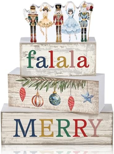 Lineshading 4 Pcs Wooden Nutcracker Block Signs Christmas Farmhouse Decor
