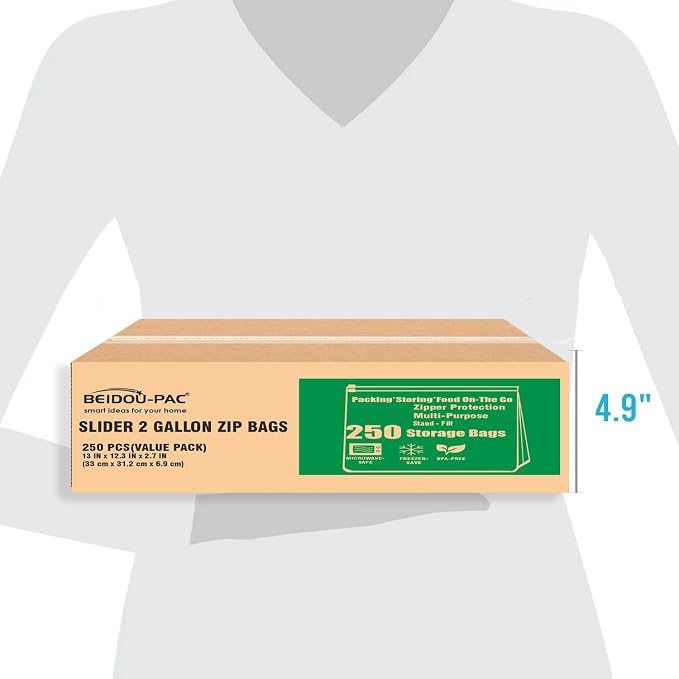 BEIDOU-PAC 2 Gallon Large Slider Food Storage Freezer Bags, 250 Count | 2 Mil | 13" x 12.3" | Heavy-Duty Freshness Easy Open Reclosable Clear Plastic Bags