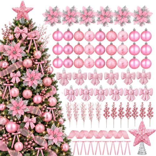 78 Pcs Christmas Tree Decorations Star Topper Ornaments Artificial Poinsettia Flowers Pink Balls Velvet Bow Berry Picks Christmas Tree Hanging Ornaments for Xmas Home Office Decorations
