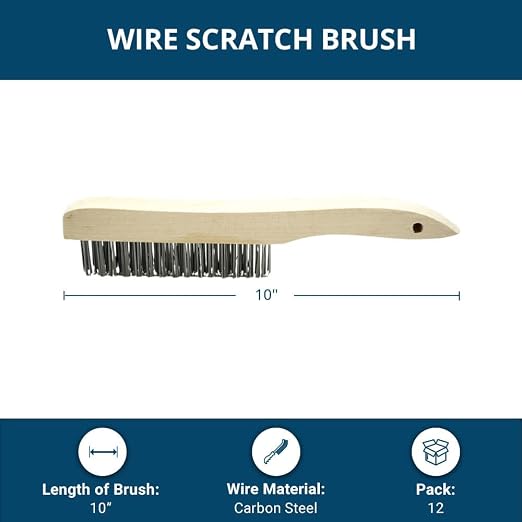 Benchmark Abrasives 10" Shoe Handle Wire Scratch Brush Wooden Handle for Cleaning, Removing Rust, Paint, Corrosion, Multi-Purpose Wire Brush - 12 Pack (Stainless Steel)