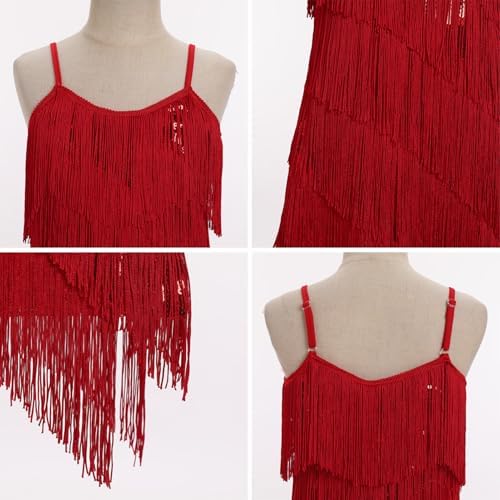 IDOPIP Kids Girls 1920s Flapper Dress Tassels Sequins Fringe Latin Dance Dress Gatsby Halloween Party Ballroom Dance Costumes