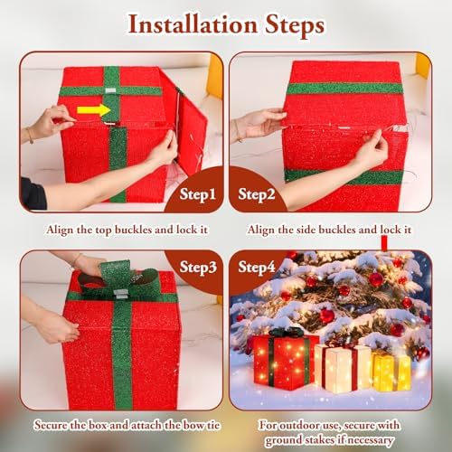 Brightever 3 Pieces Large Gift Boxes for Christmas Decorations Outdoor, 10" 8" 6" with Pre-lit 70 LED Mini String Lights, Plug-in Warm White Present Boxes with Glitter for Christmas Wedding Party