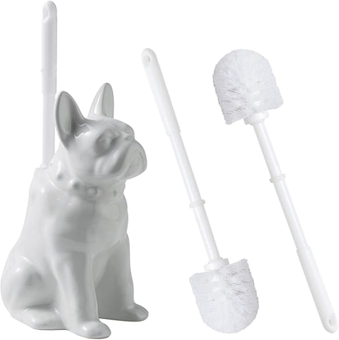 Ceramic French Bulldog Toilet Brush Holder – Cute Bathroom Decor with Hideaway Storage, Space-Saving Design, Premium Ceramic Dog Lover Gift, Includes 2 Durable Scrub Brushes (White)